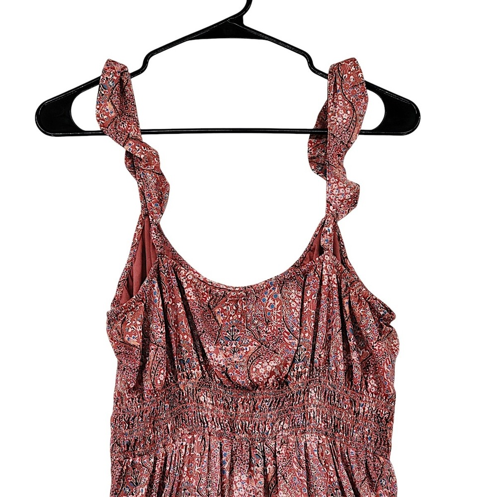PAIGE Tiered Maxi Dress M Brick Red Multi Floral Smocked Ruffle Festival Prairie - Picture 10 of 13